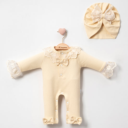 Bow Lace Onsie & Hat- Beige